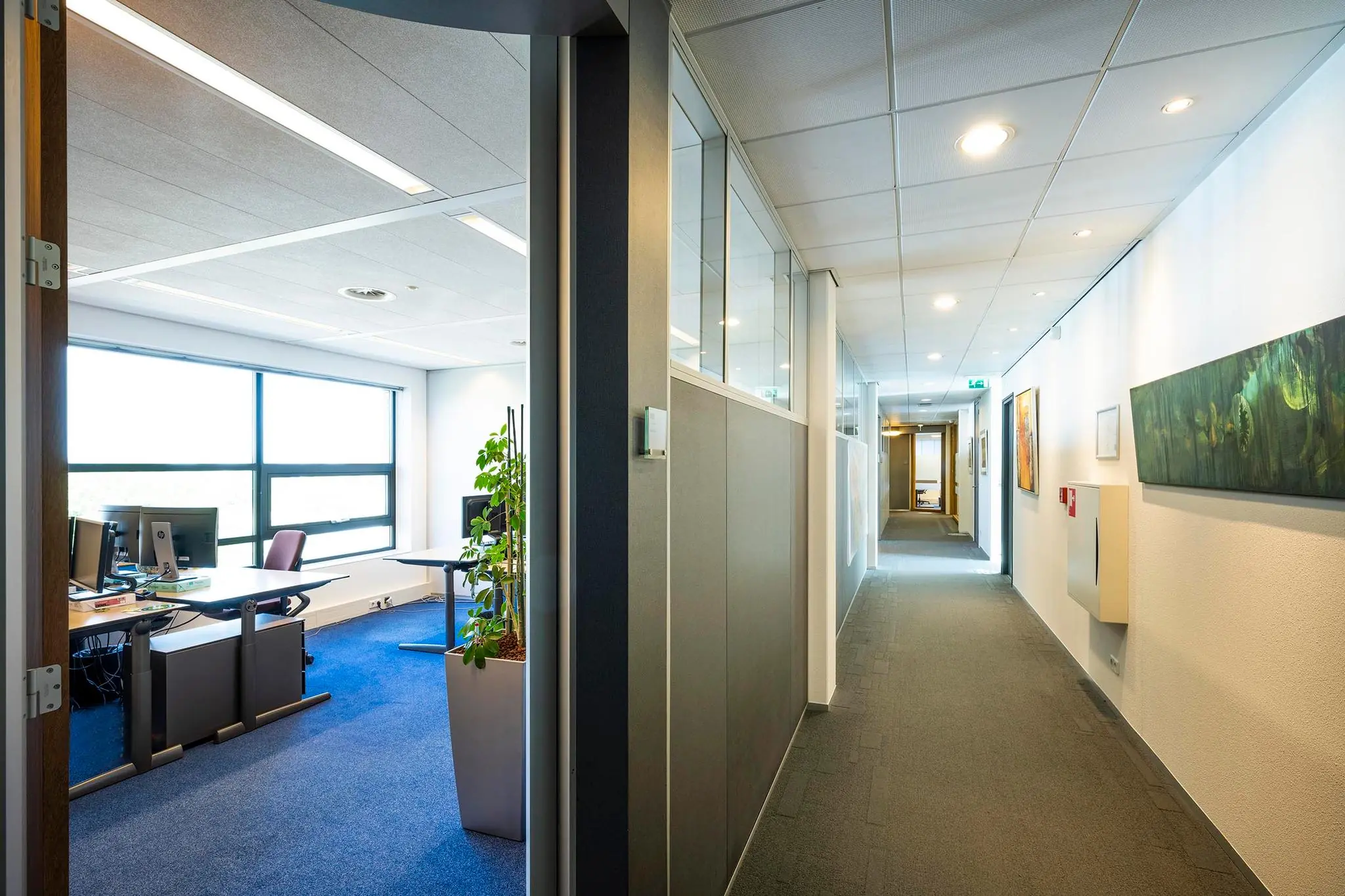 Verlichte kantoorruimte aan de K.P. van der Mandelelaan met open deur naar een modern ingerichte werkplek en gang met kunst aan de muur.